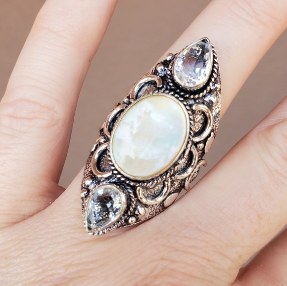 New Abalone Shell & White Topaz 925 Silver Statement Ring. - Picture 11 of 13